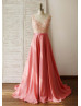 Coral Lace Chiffon Pearls Embellished Charming Prom Dress